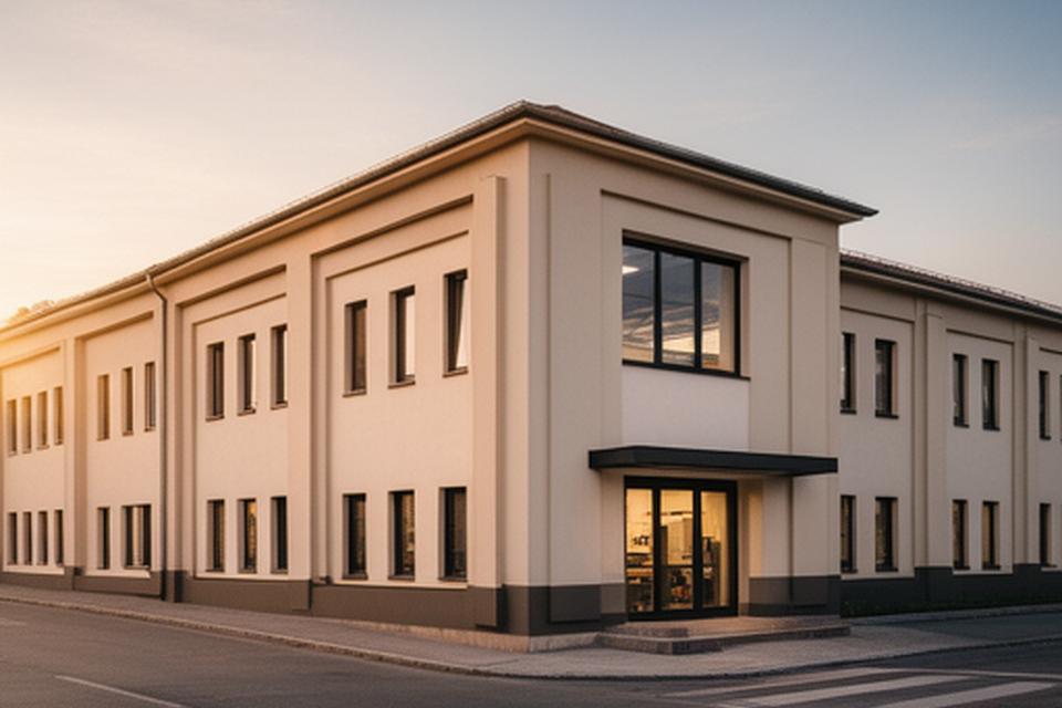 Straßenansicht eines Werkstattgebäudes in Wien-Simmering mit warmer Abendstimmung und klarer Hausnummer