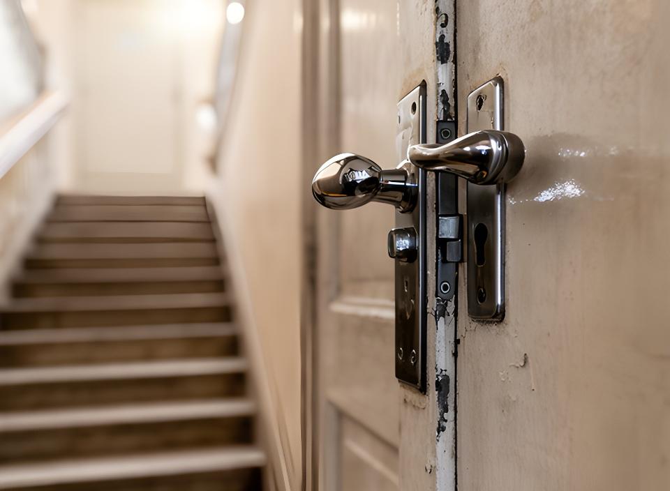 Reparierte Wohnungstür mit neuem Schloss und glänzender Beschläge in einem Wiener Stiegenhaus